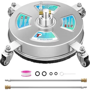 14"  Washer Surface Cleaner, Stainless Steel Driveway Power Washer Attachment with 4 Wheels, 2 Extension Wands, 4000 PSI