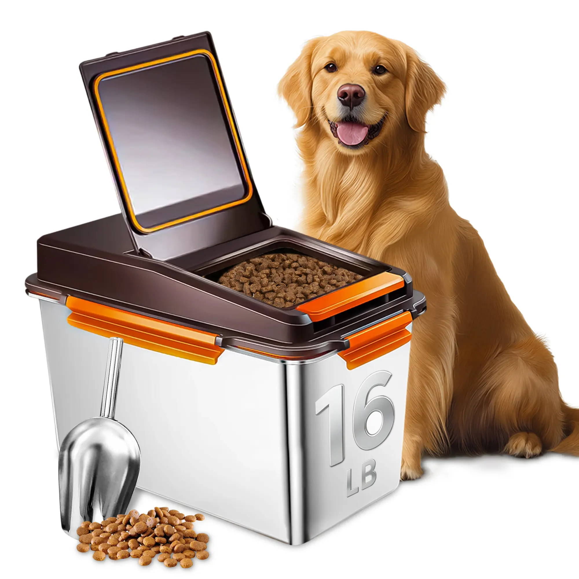 304 Stainless Steel Airtight Lid Dry Food Bin - 16LB Capacity, 1-Hand Flip Lid Container with Storage Scoop for Dog & Cat Pet Feeding Supplies, Freshness Kept