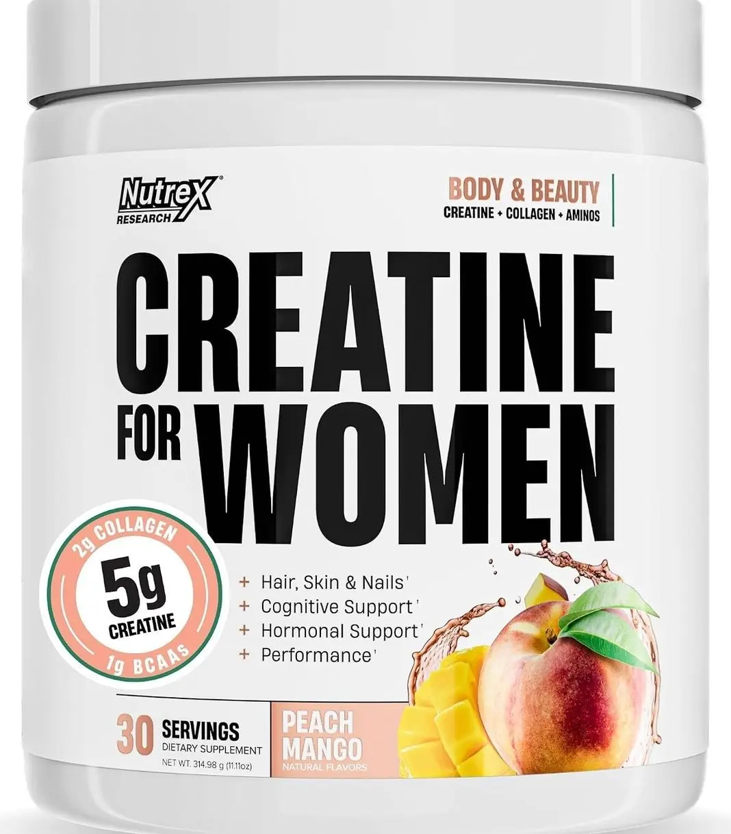 Nutrex Research Creatine for Women Booty & Beauty – Peach Mango | 5g Creatine, 2g Collagen, BCAAs & Hyaluronic Acid for Glutes, Strength & Skin | Gluten Free, 30 Servings