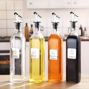 4pcs 500Ml Glass Olive Oil Bottles Vinegar Dispenser Set With Drip Spout For Cooking Kitchen Baking, Kitchen Supplies, Kitchen Tools Kitchen Accessories