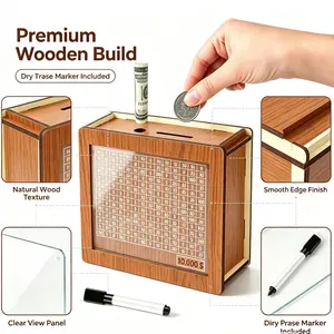 Reusable Savings Goal Box, Erasable Wooden Cash Box for Family Budget & Money Management piggy bank