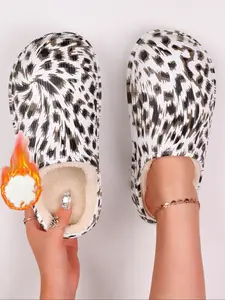 Women's Lightweight Eva Non-Slip Shoes, Leopard Print Casual Indoor Warm House Slippers, Adjustable Strap, Warm Faux Fur Lining, Durable Winter Shoes