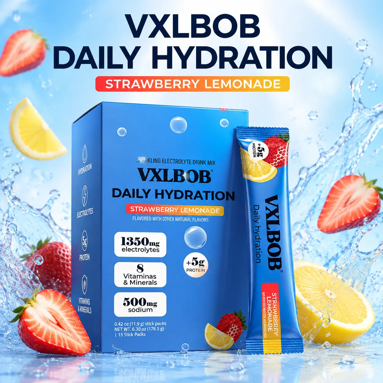 VXLBOB Daily Use Rehydration Bar (15 sticks) - 1350 mg Electrolyte, 5 g Clear Whey Protein and Collagen, 8 Key Vitamins Vitamins, Sugar Free Rehydration Enhancement Beverage Blend
