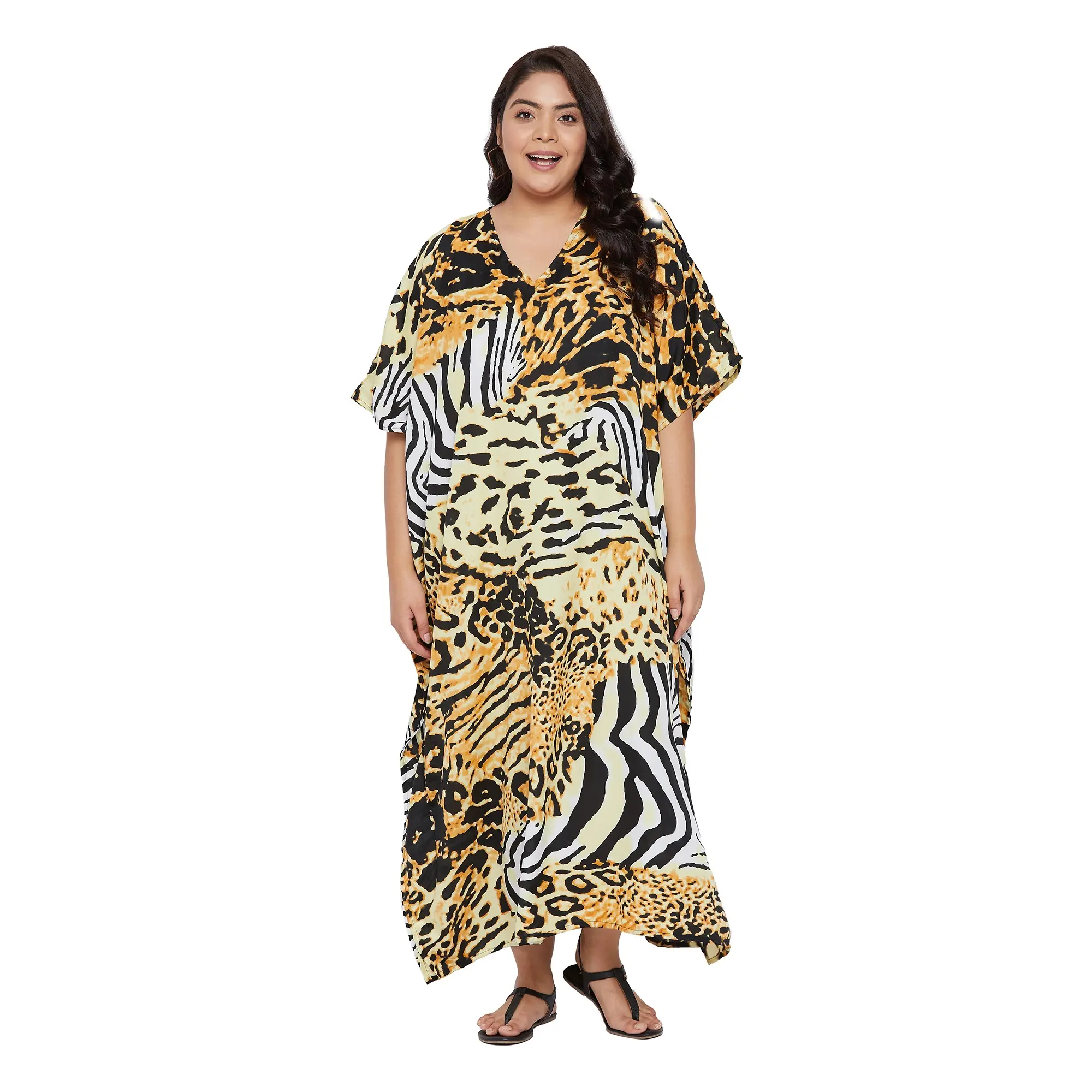 Gypsie Blu Long Summer Caftan for Women Polyester Kimono Sleeve V-Neck Light Beige Animal Printed Lightweight  Soft Relaxed Resort Wear Maxi One Size Fits Most