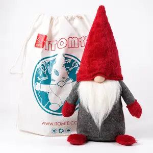 ITOMTE,Soft Red Fuzzy Tall Hat Faceless Gnome with Grey Body, Swedish Tomte Christmas Home Shelf Sitter Decor, Winter Holiday Plush Elf Ornament Gift with Drawstring Storage Bag