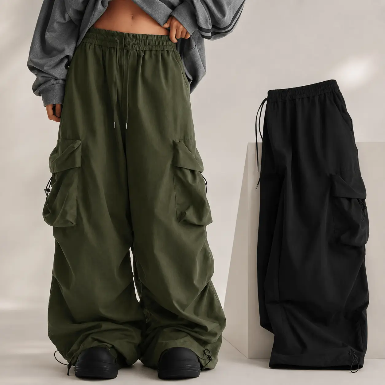 Unisex Baggy Cargo Pants, Loose Fit Wide Leg Joggers with Multiple Utility Pockets and Adjustable Drawstring Cuffs, Hip Hop Streetwear Techwear Trousers for Men and Women, Casual Sweatpants for Dance, Skateboarding, Travel and Everyday Urban Wear Bottoms