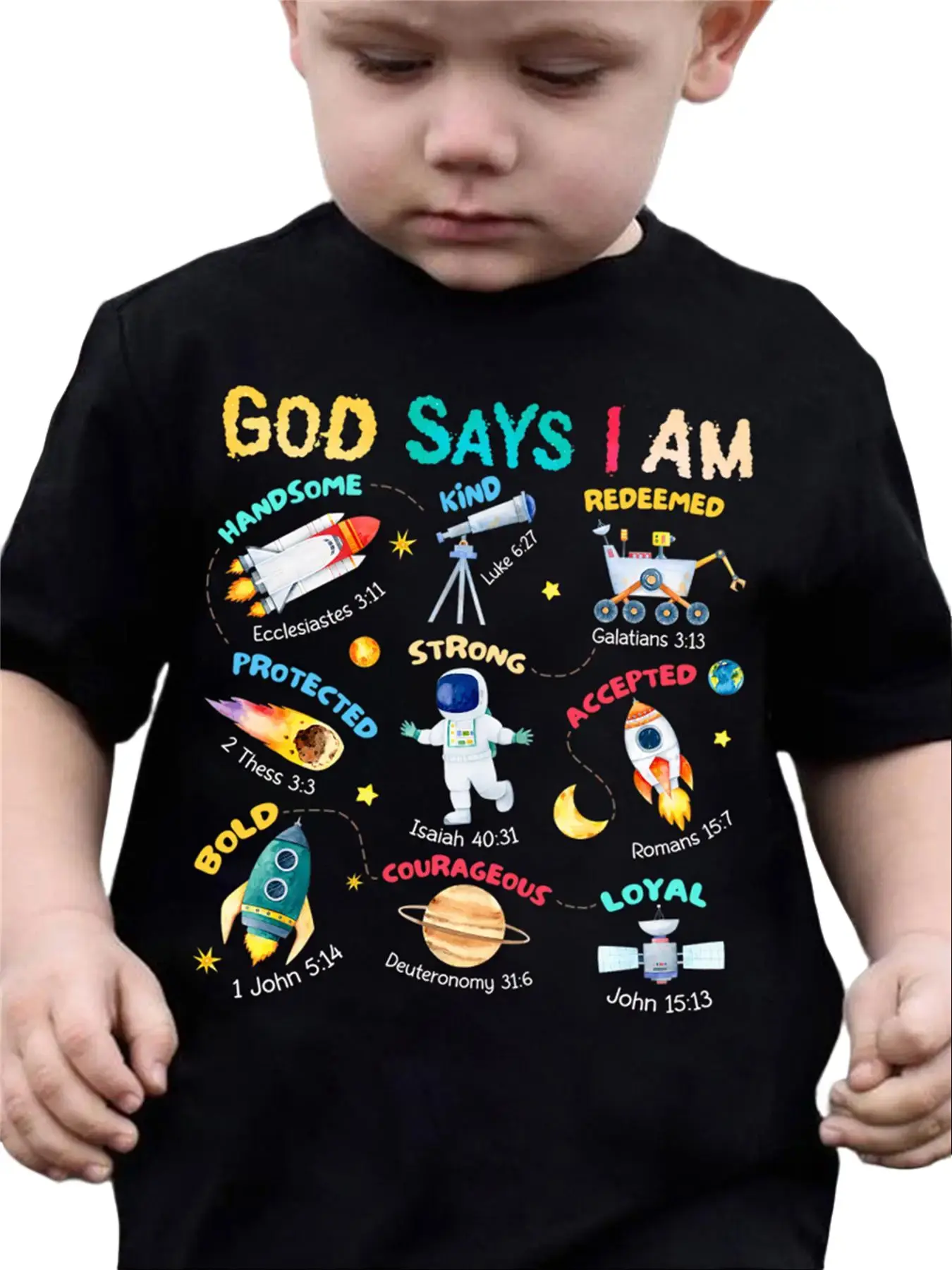 Boys' Graphic T-Shirt, Toddler 100% Cotton Short Sleeve with 'GOD SAYS I AM' Space Print, Casual Summer Christian Crewneck, Sizes 2T-5T, Classic Graphic Shirt, Fashion Printed Shirt