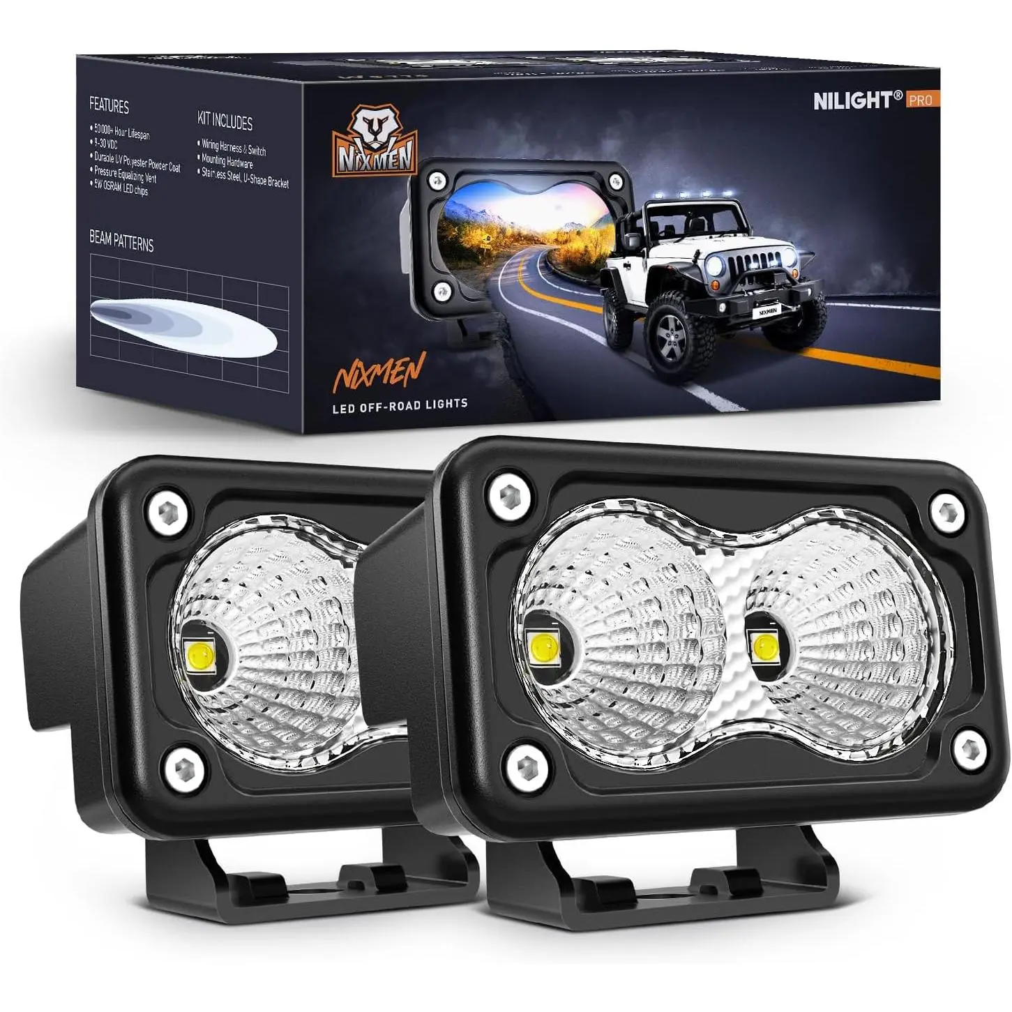 Nilight Motorcycle LED Lights - 2PCS 3-in Floodlights, 1160LM OSRAM LED Units, Mountable Waterproof Offroad Fog Lights with Built-in EMC for Motorbikes