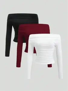 Autumn and winter base basic Casual style versatile one-shoulder women's long-sleeved T-shirt three-piece set matching set Clothes Womenswear