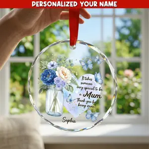 [PLS NOTE CUSTOM] Personalized Mum Blue Floral Glass Ornament Custom Flower Window Hanging Decor Mother's Day Suncatcher Keepsake Birthday Gift for Her Minimalist Botanical Art 2026 Bloom Design Support New Mom Gift Spirit Era Art