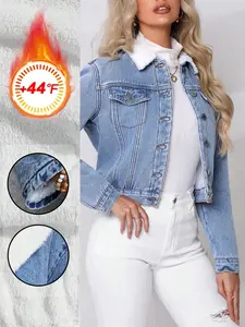 High Street Style Gradient Washed Fleece Lined Denim Jacket, Plush Collar High Waist Jacket, Long Sleeve All Seasons Outerwear