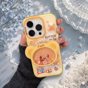 "Cozy Butter Bear" Kawaii Phone Case & Shaker Griptok Set - Cute Yellow Bear Food-Theme Phone Stand Holder, Aesthetic Cartoon Cell Phone Accessory for iPhone, Unique Gift for Her