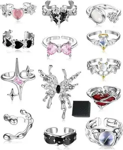13 PCS Y2k Women's  Adjustable Size Ring Set Vintage Irregular Shapes Chunky Bands Open Closure Butterfly Motif Moonstone Star Pink Heart Statement Rings