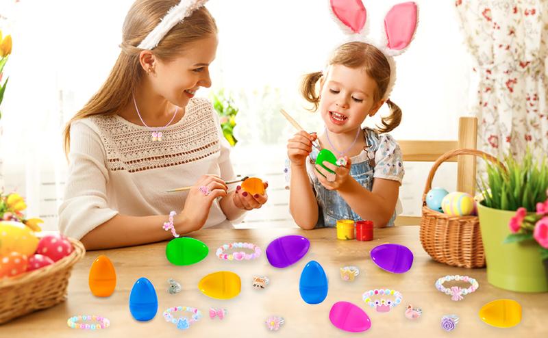 12 Pack Prefilled Easter Eggs with 36 pcs Cute Bracelets Necklaces Rings Easter Basket Stuffers Egg Fillers for Girls Party Favors Kids Toddler Presents