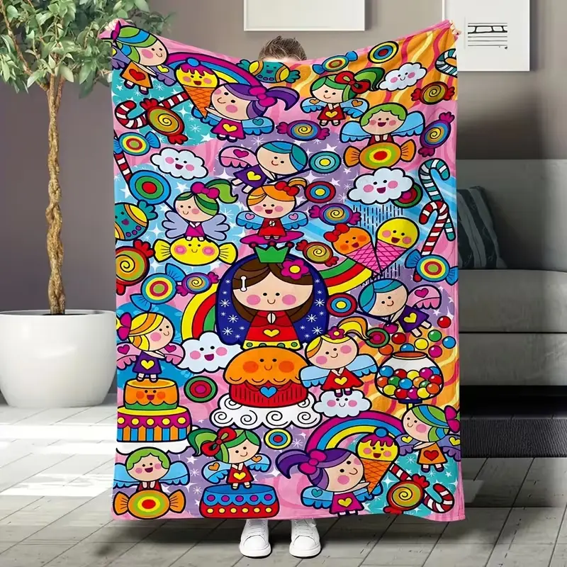 Candyland Rainbow Flannel Throw Blanket, Cute Cartoon Girls and Sweet Treats Graphic with Lollipops, Ice Cream, Cupcakes and Rainbows, Soft Cozy Blanket for Couch Sofa Bed, Colorful Whimsical Home Decor, Travel Camping Gift