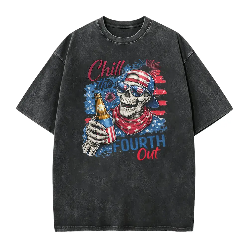 Men's Retro Patriotic Cotton Tshirt - Casual "Chill The 4th Out" Skeleton Graphic, Short Sleeve, Loose Fit, Round Neck, Minimalist, Lightweight Top, Shortsleeve, Baggy, Crew Neck, Oversize, T-Shirt, Retro Style