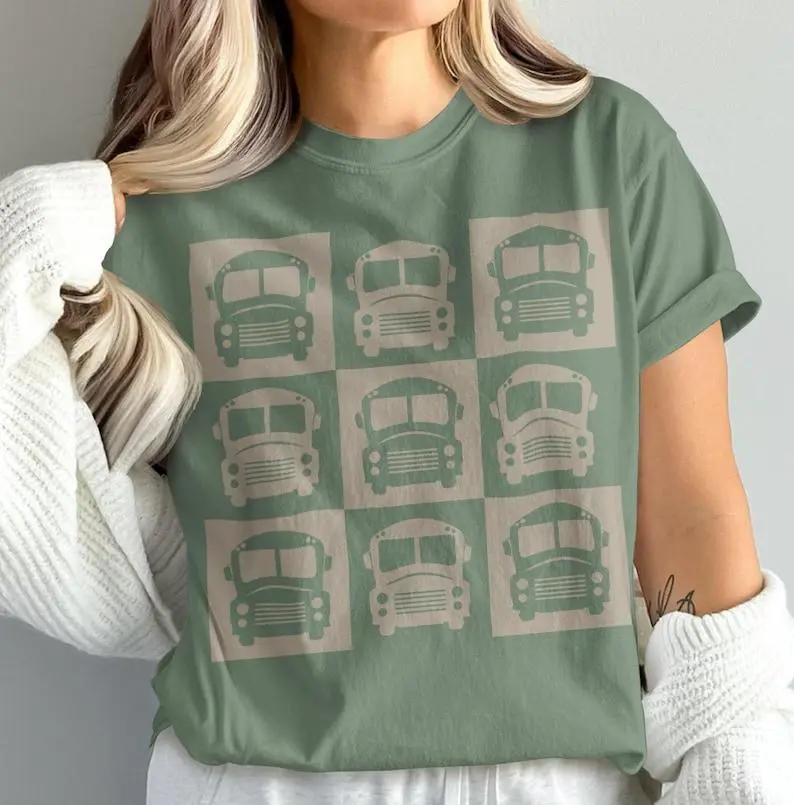 Comfort Colors School Bus Driver T-Shirt, School Bus Grid Pattern T-Shirt, Bus Driver Graphic T-Shirt, Gift for Bus Driver, Unisex Shirt