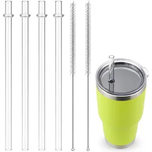 Straws for YETI, Set of 9inch Reusable Glass Cup Replacement Straws for YETI Straw Lids, Plastic Transparent Drinking Straws with 2 Cleaning Brushes