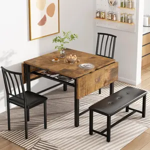 LinkRomat 4-Piece Faux Wood Drop Leaf Dining Table Set for 4 with Storage Rack, Space Saving Breakfast Nook Table Set with 2 Backrest Chairs and 1 Upholstered Bench, Kitchen Dining Table and Chairs Set for 2-4