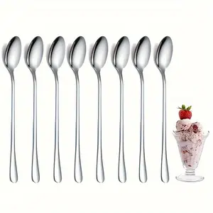 8pcs Stainless Steel Long Handle Stirring Spoons, Spoons Set, Kitchenware, Modern Minimalist Style, Heat Resistant Durable Integrated Design, Coffee Tea Lovers