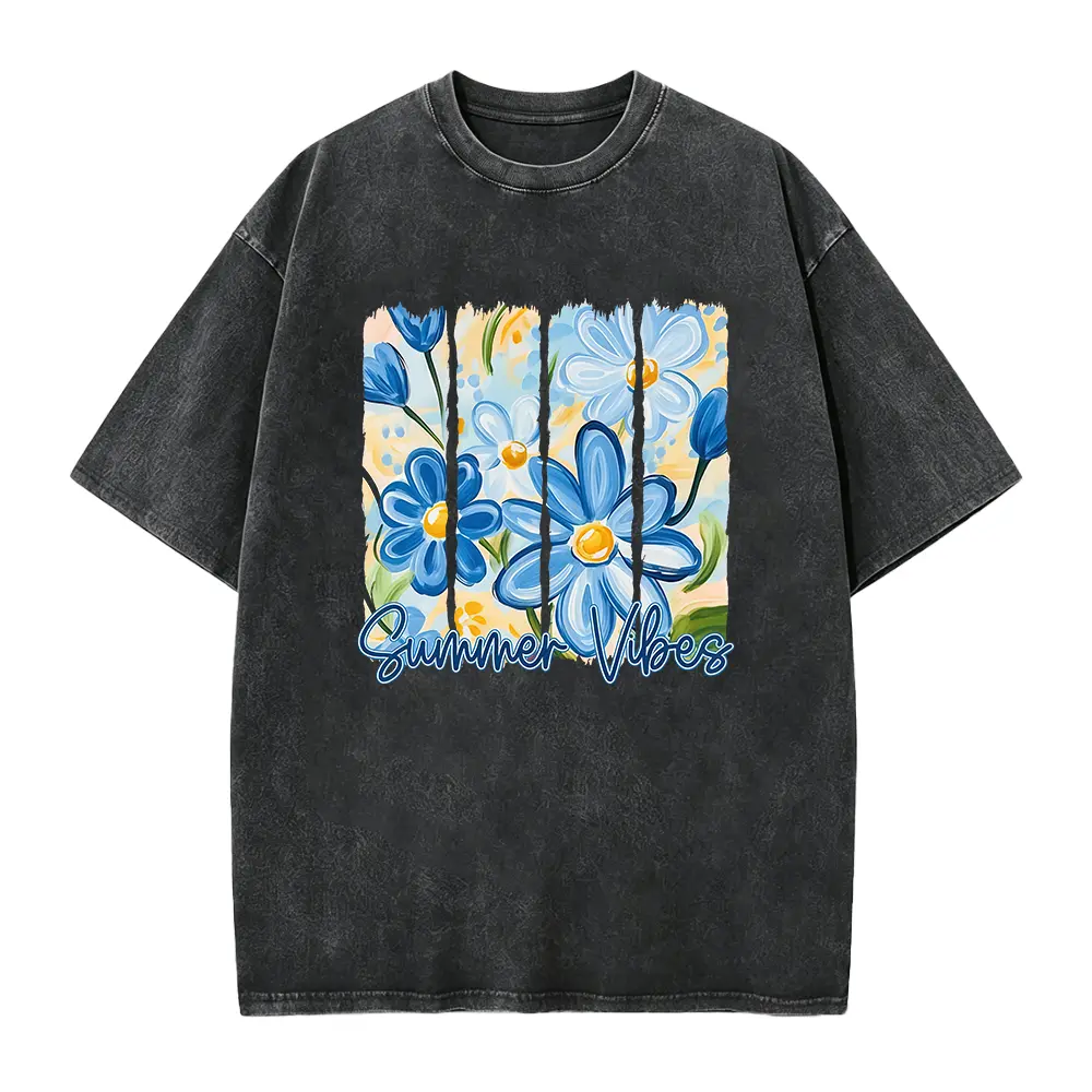 Floral Summer Vibes Blue T-shirt: Colorful Summer Floral Tee, Summer Vibes Shirt, Blue Flower Graphic Tee, Summer Vacation Shirts