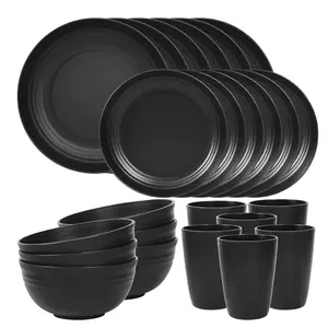 Quatish 24 Piece Plates and Bowls Sets for 6, Unbreakable Dinnerware Sets, Plastic Dish Set for Camping, Dishwasher Microwave Safe, Outdoor Kitchen and Apartment Dinning RV Essentials, Black