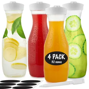 Plastic Juice Carafe with Lids (Set of 4) 32 oz Carafes for Mimosa Bar, Drink Pitcher with Lid, Water Bottle, Milk Container, Clear Beverage Containers for Fridge, Pantry Storage, Round Pitchers