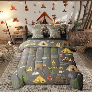 Happy Camping 7 Piece Comforter Set,Bed in a Bag for Kids,Hunting Bear and Pike Fish Bedding,Camper Accessories Sheet Set
