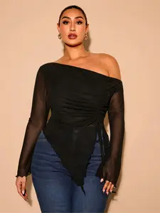 Plus Size Women's Mesh Top, Asymmetrical Shoulder Drawstring Long Sleeve Shirt, Semi-Transparent Slim Fit, Casual & Formal Wear