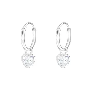925 Silver Hoop Earrings with Hanging Heart CZ Crystal