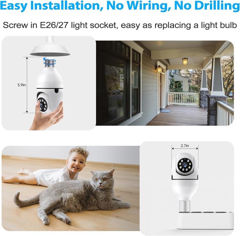 PBSEV Indoor Cameras for Home Security,3MP Full HD Smart Al E27 Light Bulb Camera,360°PTZ&2.4GHz WiFi Wireless Security system with Motion Detection,Two-Way Audio,Easy Install&Support TF/cloud storage