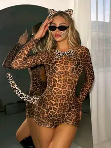 Cute Leopard Print Cat Costume Set, Includes Ears Tail and Bow Tie, Perfect for Holiday Role Play and Theme Parties