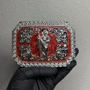 San Judas Buckle with Red Marble Background and Intricate Silver Detailing for Stylish Accessories