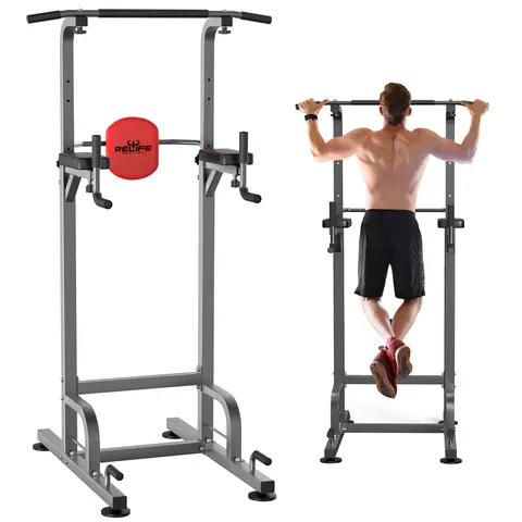 RELIFE Adjustable Steel Frame Power Tower - 400lb Capacity Bodyweight Training Equipment, Multi-Level Dip Station Attachment Pull-Up Bars, PU Pads, Home Gym Kit for Muscle Training Fitness Support