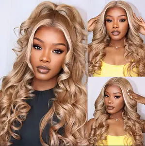 Megalook 13x6 Three-Go Milk Tea Brown With Highlight Glueless Body Wave With Drawstring 100% Human Hair Wig