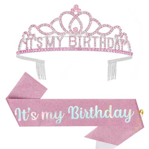P-HDW22  Pink Birthday Crown and Glitter Sash for Adult Women - Tiara, Hat, Girl Crown for Parties, Favors and Decorations