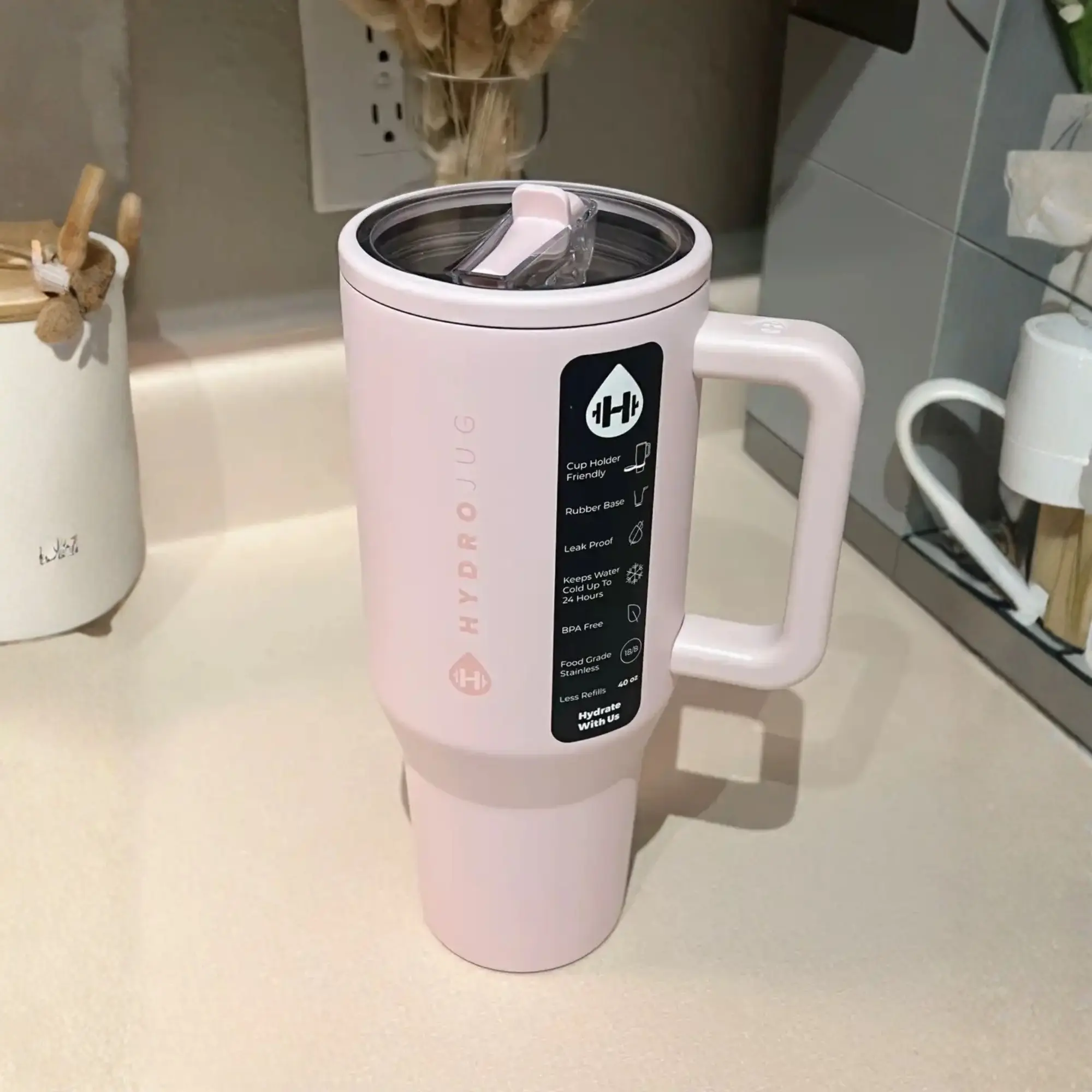 HydroJug Traveler 40oz Insulated Tumbler with Handle & Straw, Light Pink Stainless Steel Leakproof Cup Holder Friendly Travel Mug