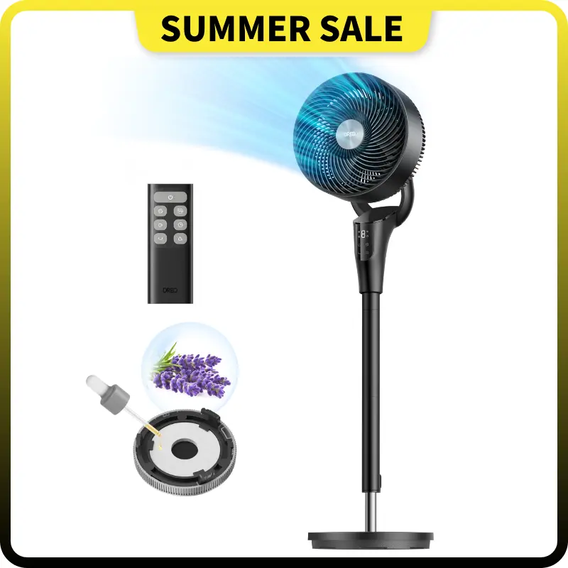 DREO 2026 Upgraded DC Motor Cooling Fan, 90ft Room Airflow, 20dB Quiet, 90° Oscillating Standing Fan for Whole Room, 8+ Speed Control, 3 Modes, 38-42in Adjustable Height, 105° Manual Vertical Tilt, 8H Timer, Remote Control, Mute Beep on Touch