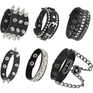 6Pcs Punk Goth Leather Bracelets for Men Women Unisex – Black Studded Spiked Rivet Cuff Wristbands, Adjustable Rock Emo Steampunk Jewelry Set for Halloween, Concert, Cosplay, 80s Party Accessories, Cool Rocker Biker Style Wrist Cuffs, Halloween decor