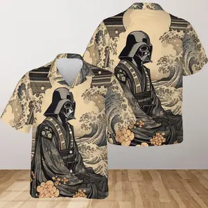 Dark Vader Japanese Style All-over Print Short-sleeve Hawaiian Shirt, Japan Ukiyo E Summer Beach Tropical Button Down Shirt, Casual Vacation Floral Shirts