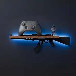 FNYDOX AK47 Gaming Floating Shelves with RGB Lights, Wall Mounted Gun Accessories Display Shelf, Man Cave Decor, Wall Storage Black Metal Art Hanging Rack for Bedroom Game Living Room, Dad Boyfriend Husband Father’s Day Birthday Men Gifts, Cool Stuff