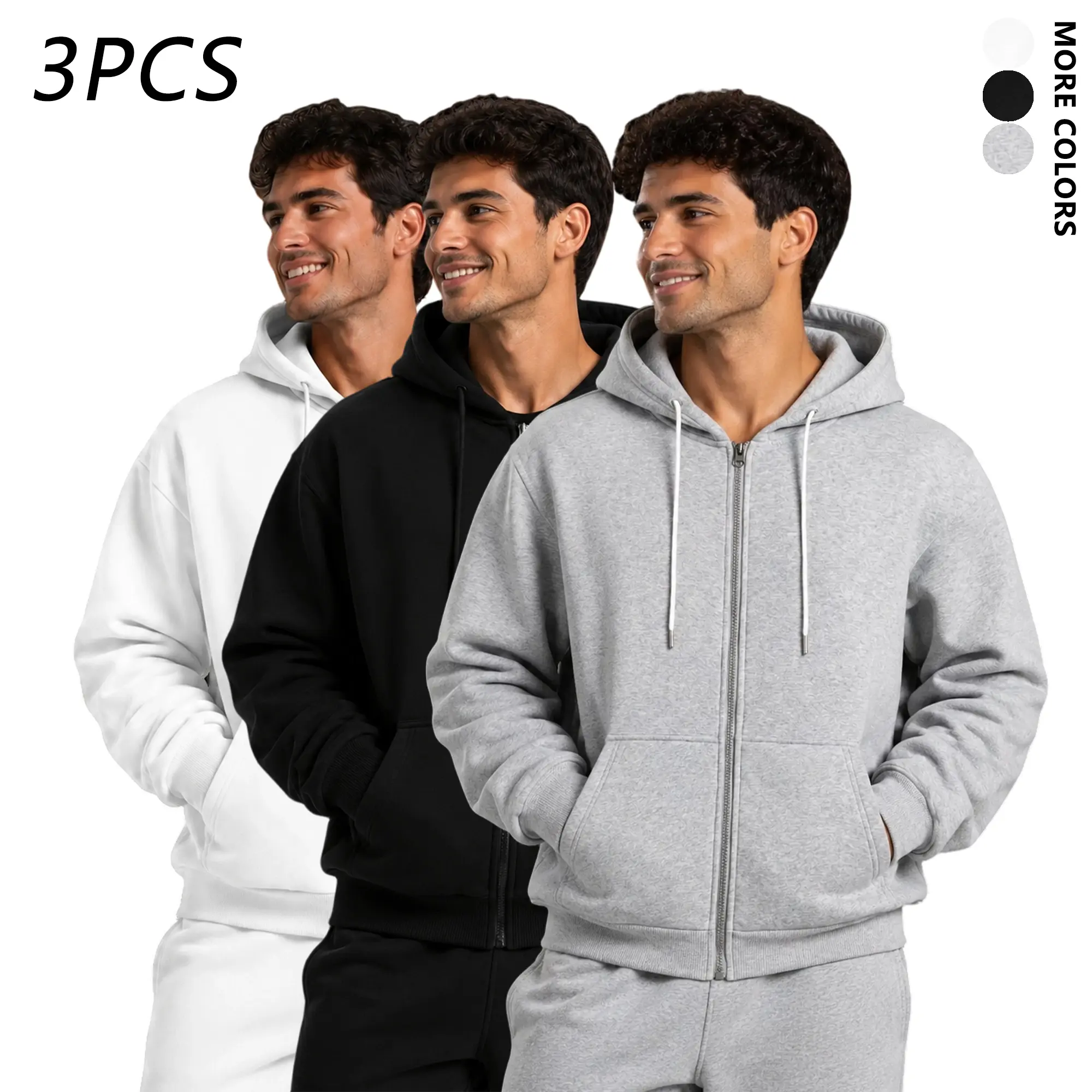 3-pack men’s solid-color zip-up hooded sweatshirt jacket set; minimalist loose casual outdoor hoodie outerwear that can be worn two ways—as a base layer under a sweatshirt or as an outer jacket; features adjustable drawstring and dual side pockets; durabl