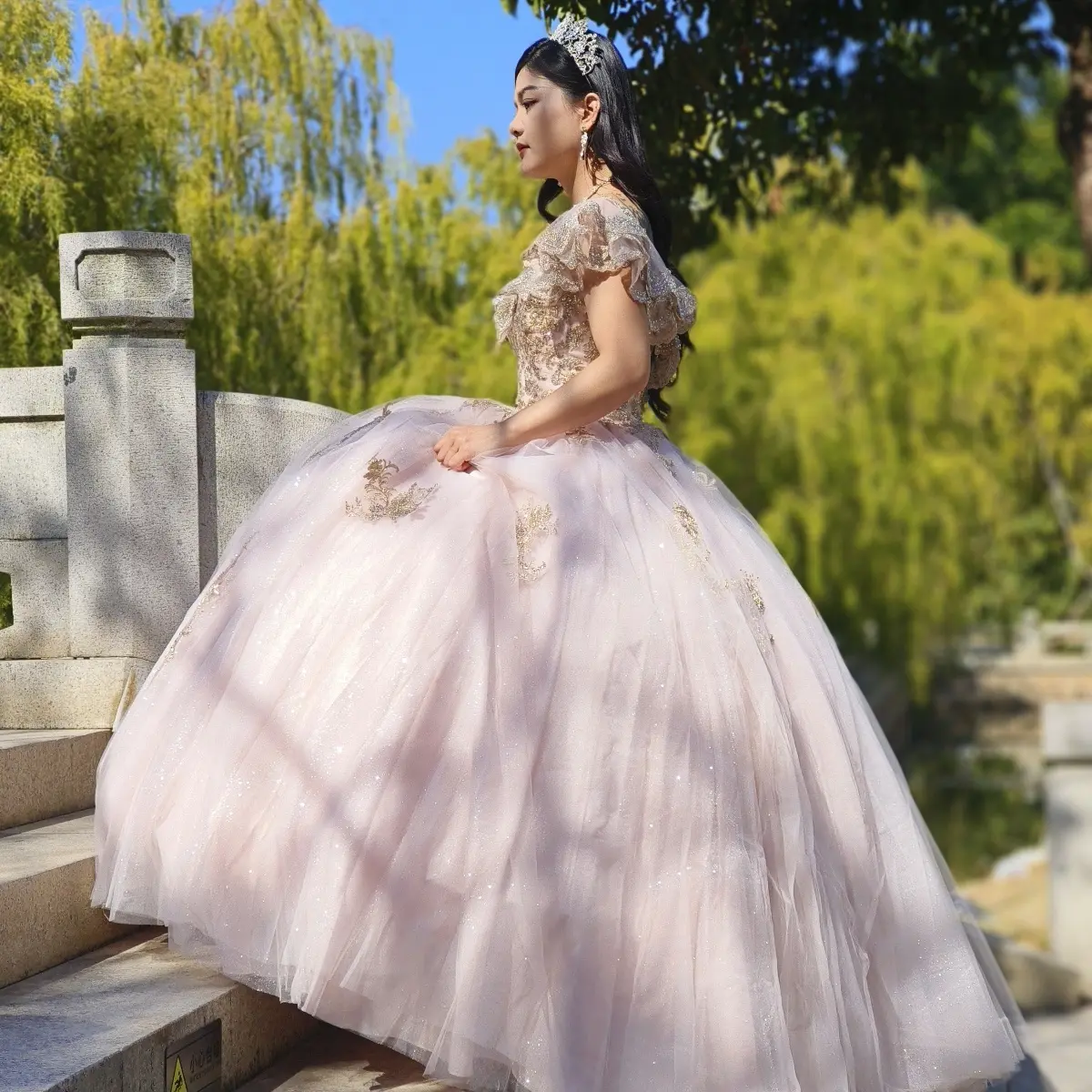 NO.9 Quinceañera Tulle Light Ball Gown- Blush-Light Blue, Elegant Floral Lace Corset Back, Tulle Lace Dress, Party Wedding Gown, Bridal Outfit, Party Fit, Bachelorette Party
