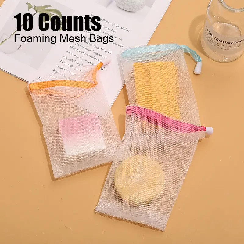 10-Count Foaming Mesh Bags for Home Supplies, Adjustable Bathroom Face Cleaning Accessories - Double-Thick Reusable Soap Saver, Exfoliating Net, White Bar Soap Holder with Drawstring Hanging Pouch for Organizing
