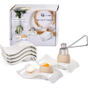 Ceramic Egg Cups for Soft Boiled Eggs, 6 Egg Holders with 1 Egg Topper Cutter for Decor Breakfast Brunch