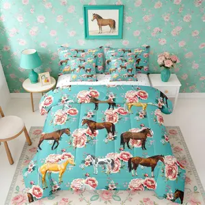 Kids Horse Comforter Bed Set,7 Pieces,Chic Retro Floral Bed Bag,Galloping Horse Printed Bedding Set with Comforterssheets,Pillowcases  Farm Animal Bed Set
