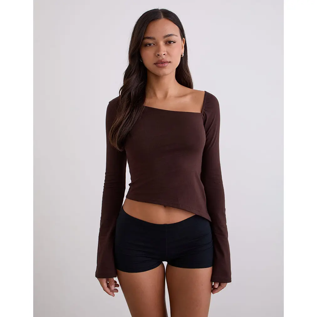 Dalene Asymmetric Long Sleeve Top in Bitter Chocolate