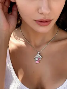 Geometric Cube Oxidized Zircon Pendant Silver Color Necklace, Simple Sparkling Jewelry for Daily & Date