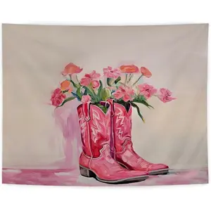 Tapestry  Pink Western Tapestry, Hot Pink Preppy Western Cowgirl Boots Tapestry Wall Hanging for Teen Girls Room Bedroom College Dorm, Cowgirl Room Decor, Pink Room Wall Decor Aesthetic, 50x60 Inches