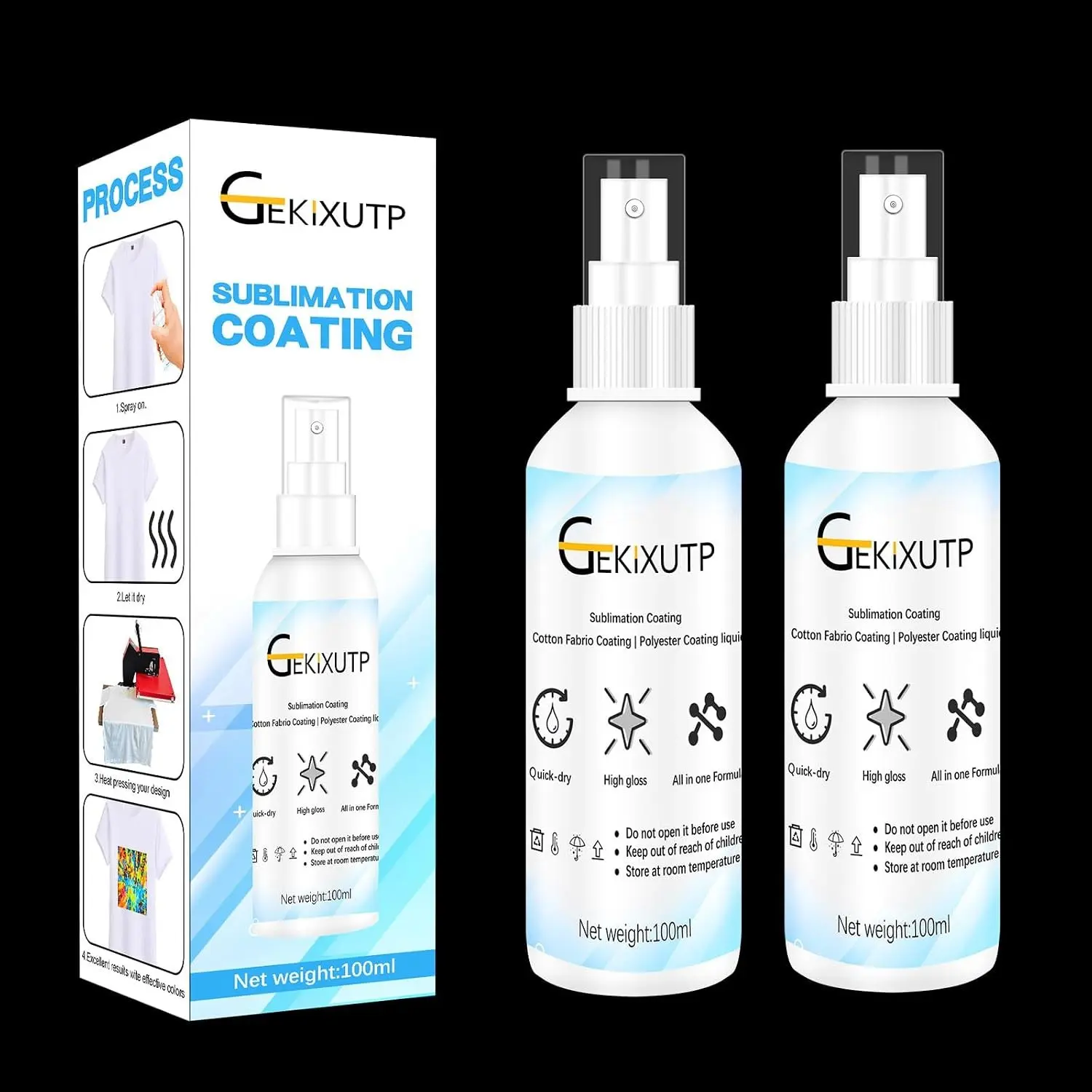 2 x 100ml Sublimation Spray for Cotton Tshirts，Sublimation Coating Spray for T-Shirts, Canvas, Polyester Fabric，Quick Dry, High Gloss，Polyester Spray for Sublimation